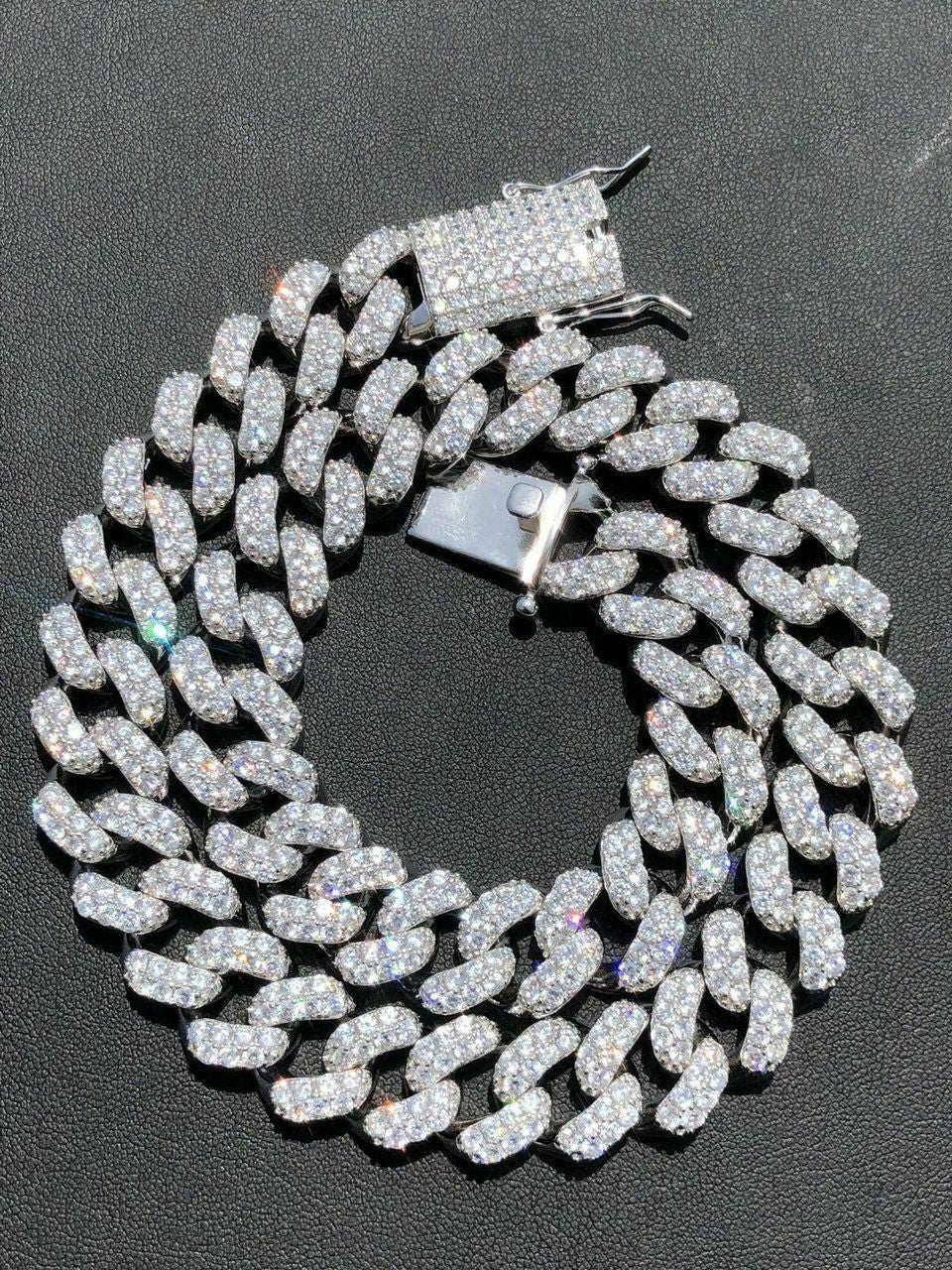 HarlemBling 15mm Mens Miami Silver Diamond Cuban Link Chain Real Solid 925 Sterling Silver