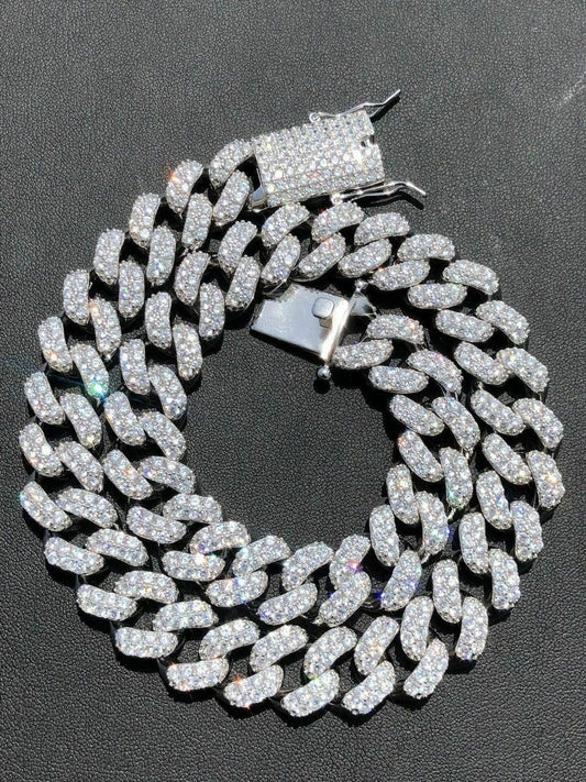 HarlemBling 15mm Mens Miami Silver Diamond Cuban Link Chain Real Solid 925 Sterling Silver