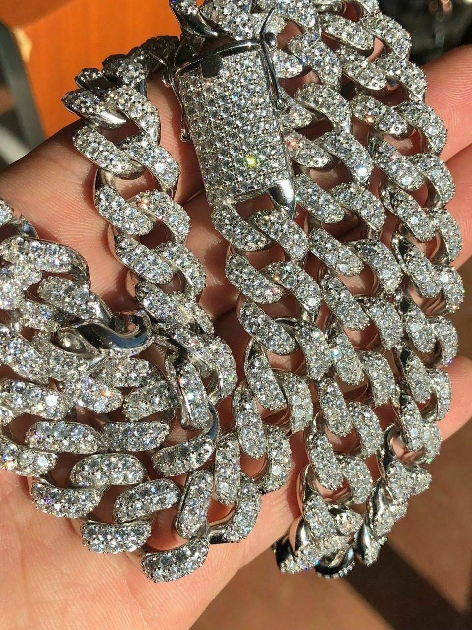 HarlemBling 15mm Mens Miami Silver Diamond Cuban Link Chain Real Solid 925 Sterling Silver