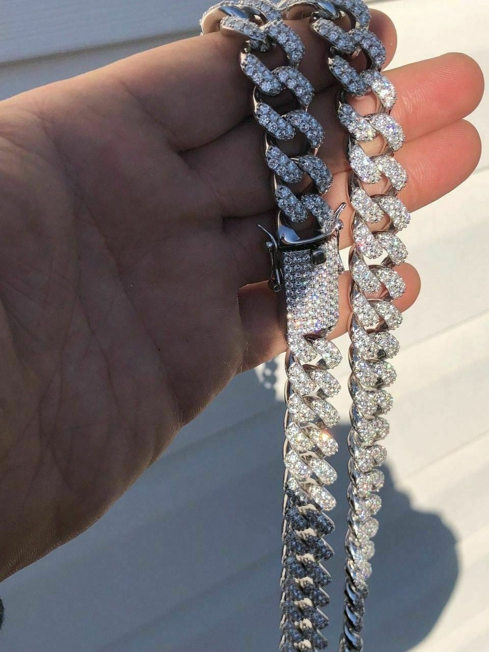 HarlemBling 15mm Mens Miami Silver Diamond Cuban Link Chain Real Solid 925 Sterling Silver