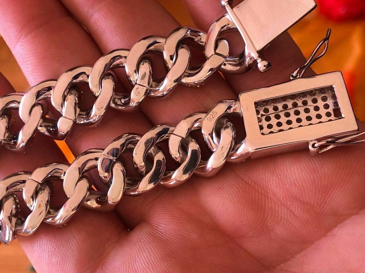 HarlemBling 15mm Mens Miami Silver Diamond Cuban Link Chain Real Solid 925 Sterling Silver