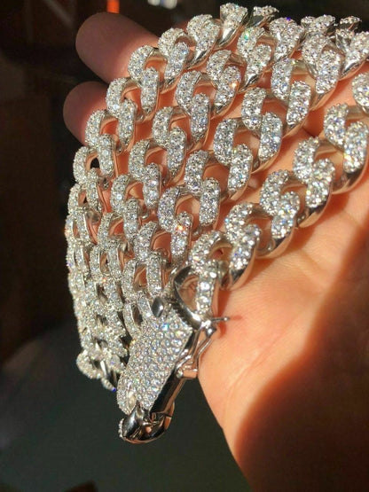 HarlemBling 15mm Mens Miami Silver Diamond Cuban Link Chain Real Solid 925 Sterling Silver