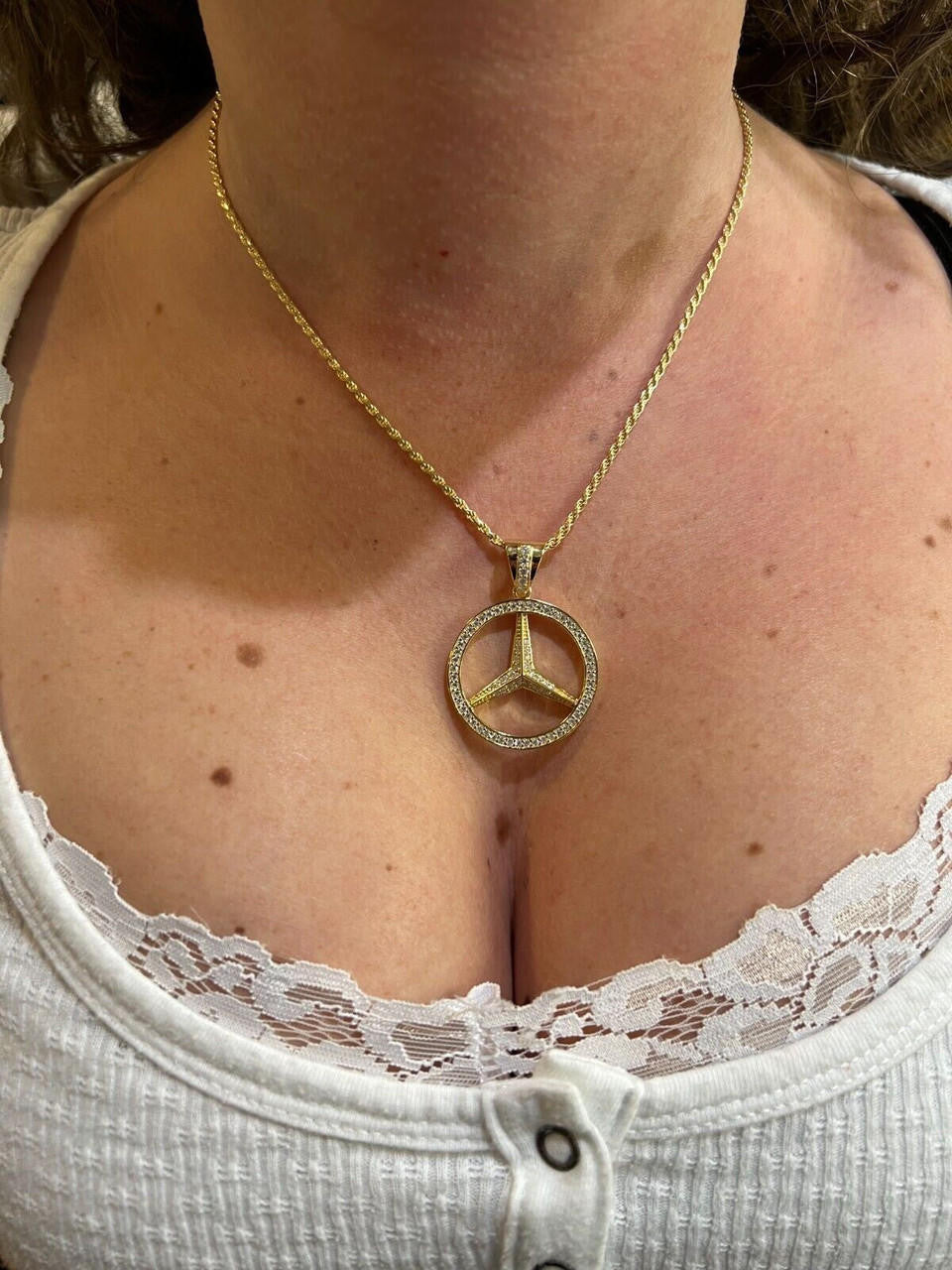 HarlemBling 1ct MOISSANITE 925 Silver/Gold Plated Iced Mercedes Benz Logo Pendant Necklace