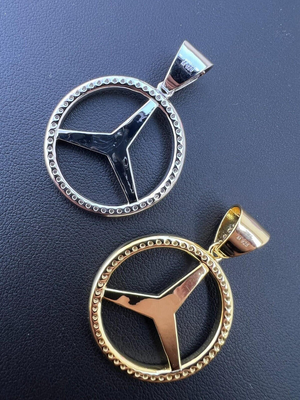 HarlemBling 1ct MOISSANITE 925 Silver/Gold Plated Iced Mercedes Benz Logo Pendant Necklace