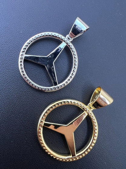 HarlemBling 1ct MOISSANITE 925 Silver/Gold Plated Iced Mercedes Benz Logo Pendant Necklace