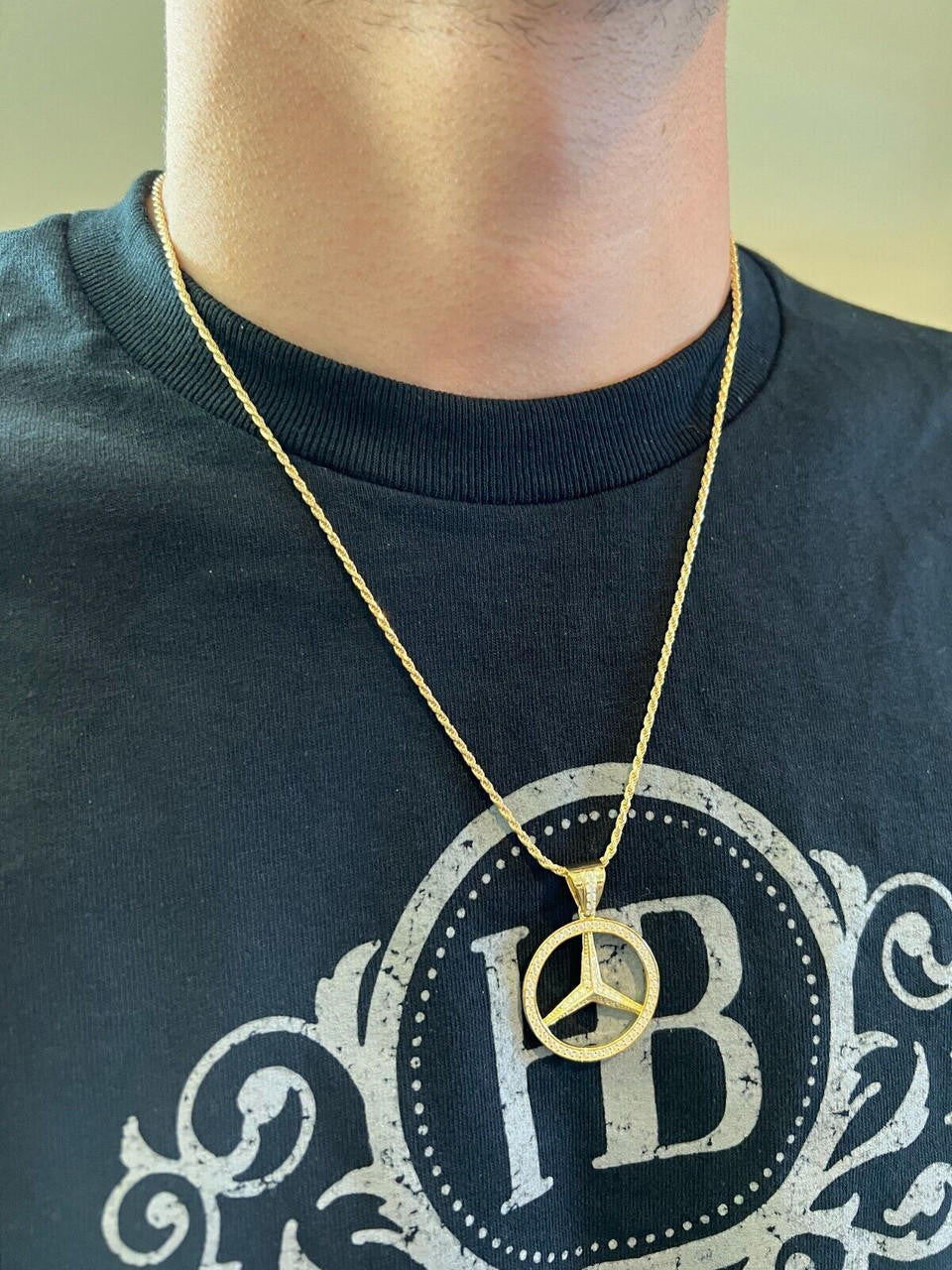 HarlemBling 1ct MOISSANITE 925 Silver/Gold Plated Iced Mercedes Benz Logo Pendant Necklace