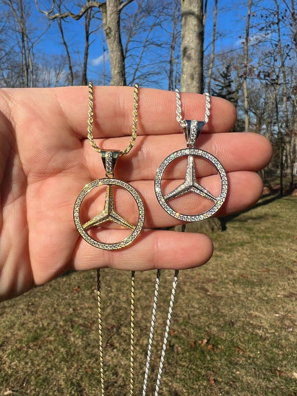 HarlemBling 1ct MOISSANITE 925 Silver/Gold Plated Iced Mercedes Benz Logo Pendant Necklace