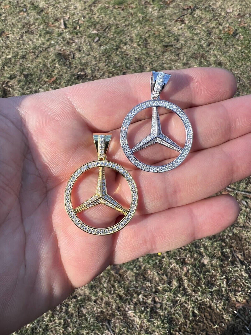 HarlemBling 1ct MOISSANITE 925 Silver/Gold Plated Iced Mercedes Benz Logo Pendant Necklace