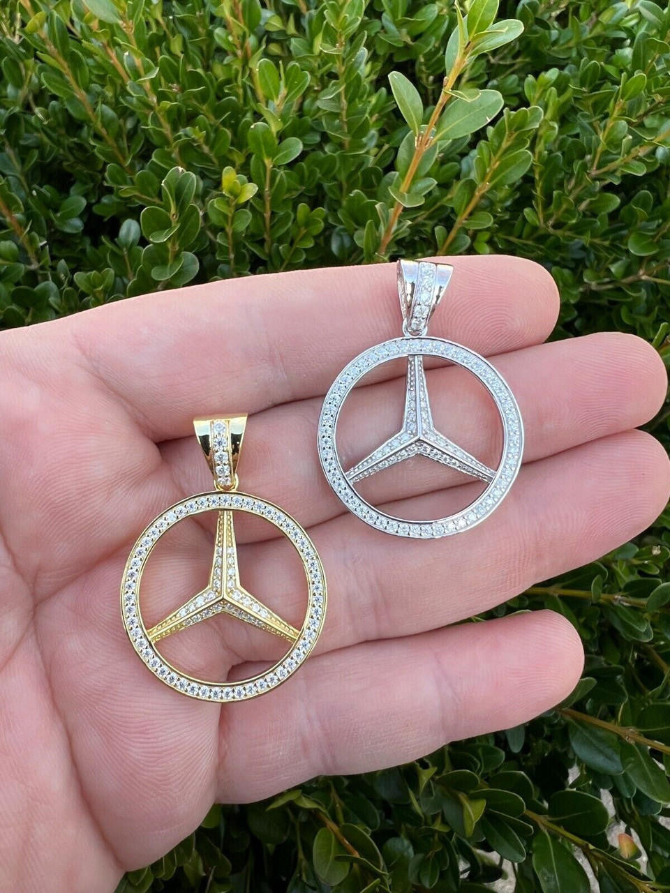 HarlemBling 1ct MOISSANITE 925 Silver/Gold Plated Iced Mercedes Benz Logo Pendant Necklace
