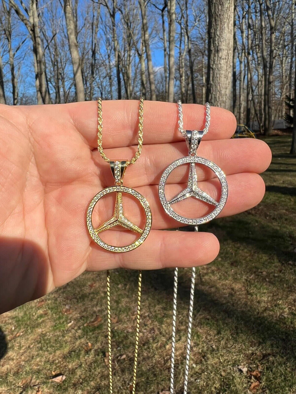 HarlemBling 1ct MOISSANITE 925 Silver/Gold Plated Iced Mercedes Benz Logo Pendant Necklace