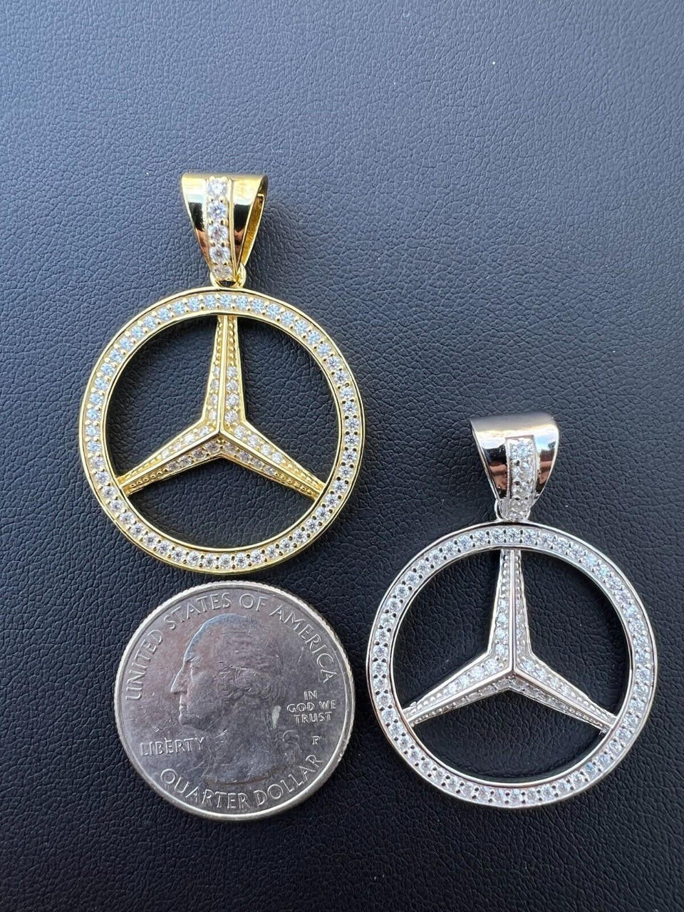 HarlemBling 1ct MOISSANITE 925 Silver/Gold Plated Iced Mercedes Benz Logo Pendant Necklace