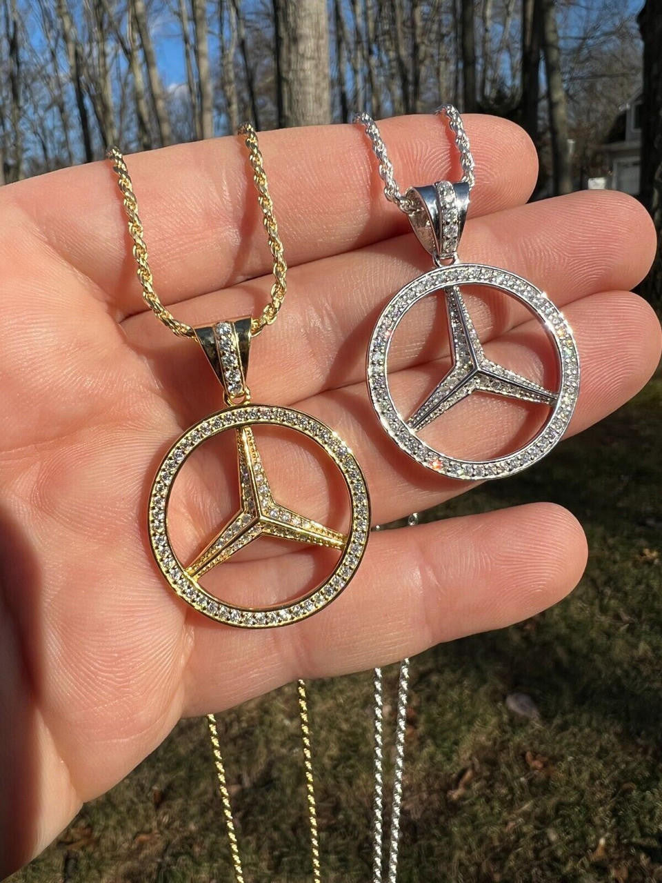 HarlemBling 1ct MOISSANITE 925 Silver/Gold Plated Iced Mercedes Benz Logo Pendant Necklace