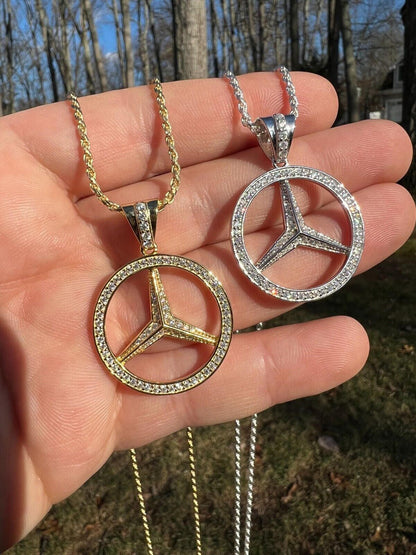 HarlemBling 1ct MOISSANITE 925 Silver/Gold Plated Iced Mercedes Benz Logo Pendant Necklace