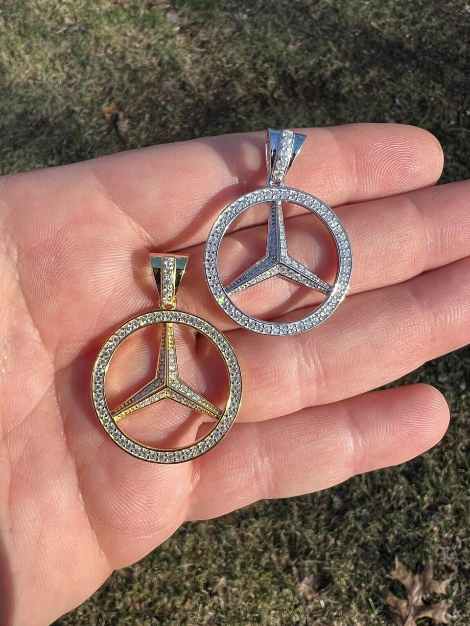 HarlemBling 1ct MOISSANITE 925 Silver/Gold Plated Iced Mercedes Benz Logo Pendant Necklace