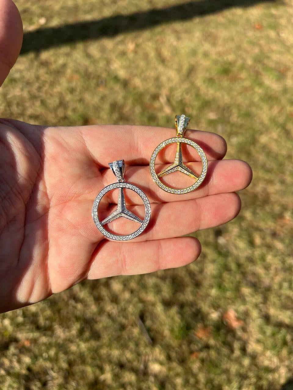 HarlemBling 1ct MOISSANITE 925 Silver/Gold Plated Iced Mercedes Benz Logo Pendant Necklace