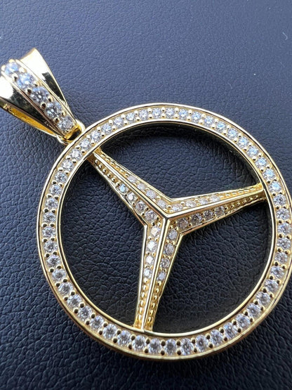 HarlemBling 1ct MOISSANITE 925 Silver/Gold Plated Iced Mercedes Benz Logo Pendant Necklace