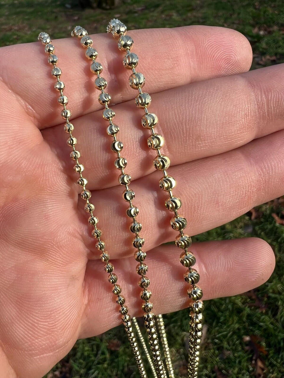 HarlemBling 2.5mm-4mm Men's Real Solid 14k Yellow Gold Moon Cut Beaded Ball Chain Necklace