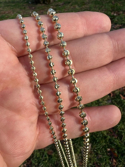 HarlemBling 2.5mm-4mm Men's Real Solid 14k Yellow Gold Moon Cut Beaded Ball Chain Necklace