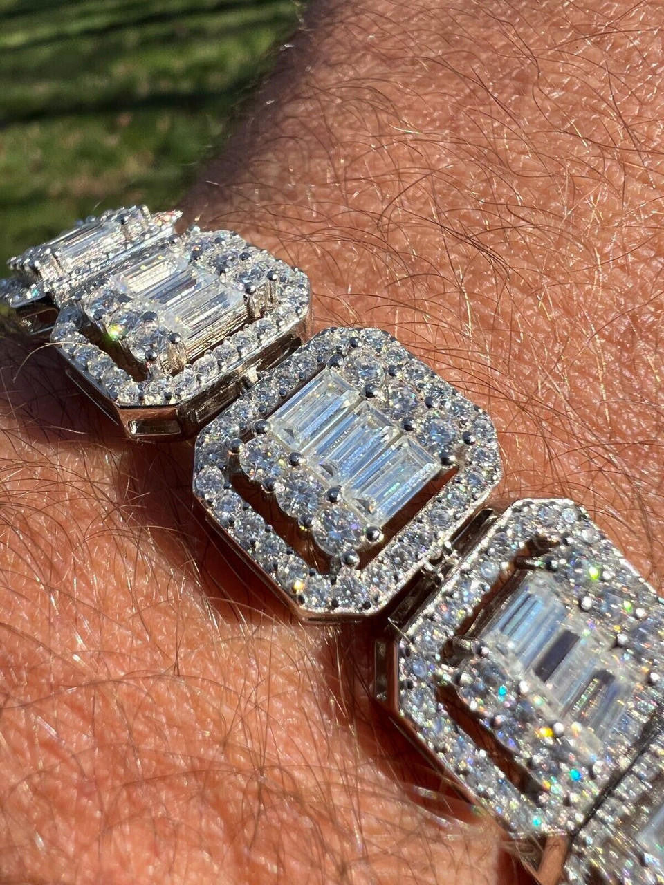 HarlemBling 25ct Baguette MOISSANITE Real 925 Silver 15mm Square Bracelet Pass Diamond Test