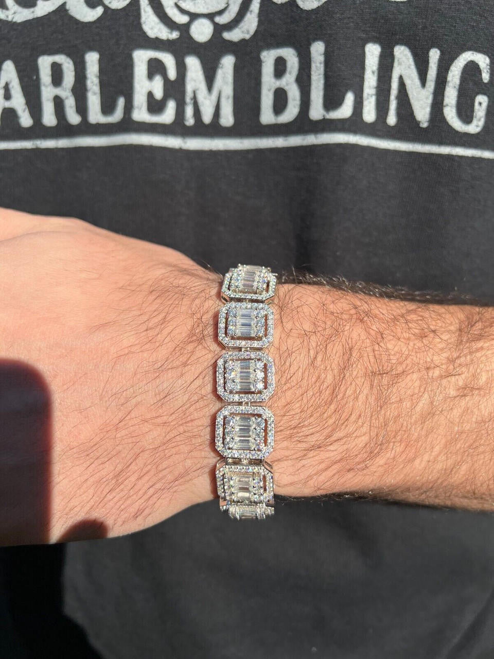 HarlemBling 25ct Baguette MOISSANITE Real 925 Silver 15mm Square Bracelet Pass Diamond Test
