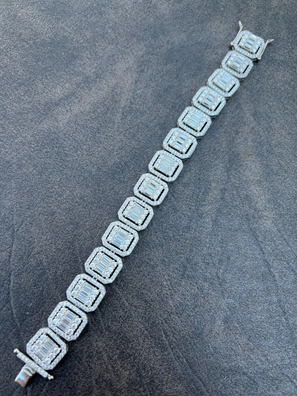 HarlemBling 25ct Baguette MOISSANITE Real 925 Silver 15mm Square Bracelet Pass Diamond Test