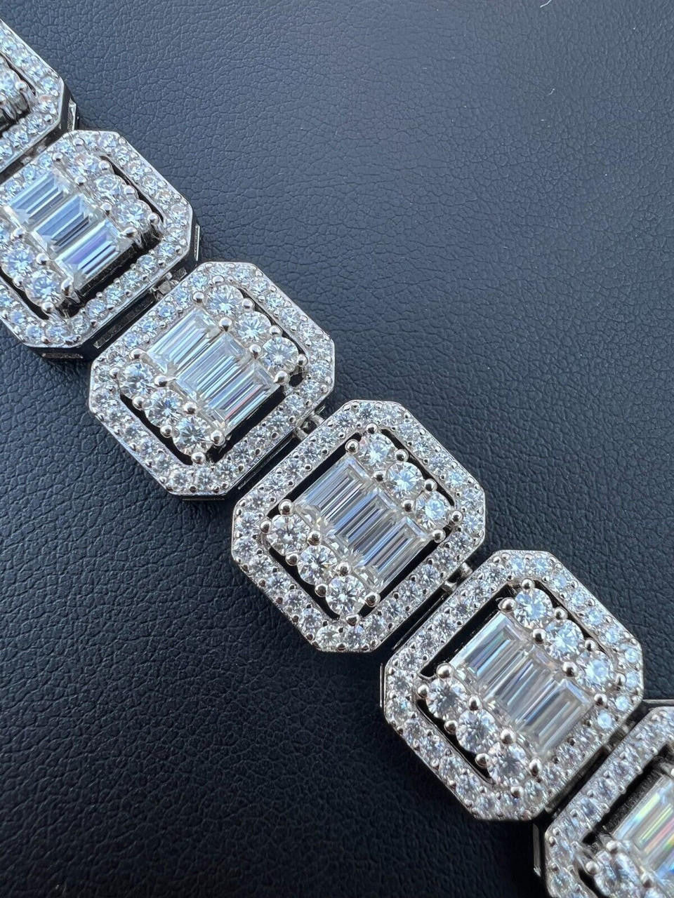 HarlemBling 25ct Baguette MOISSANITE Real 925 Silver 15mm Square Bracelet Pass Diamond Test