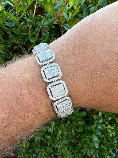 HarlemBling 25ct Baguette MOISSANITE Real 925 Silver 15mm Square Bracelet Pass Diamond Test