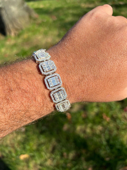 HarlemBling 25ct Baguette MOISSANITE Real 925 Silver 15mm Square Bracelet Pass Diamond Test