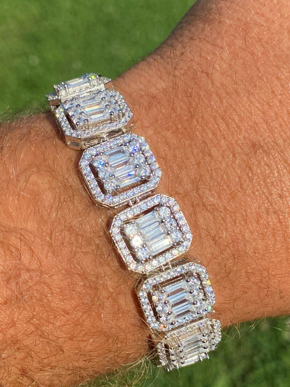 HarlemBling 25ct Baguette MOISSANITE Real 925 Silver 15mm Square Bracelet Pass Diamond Test