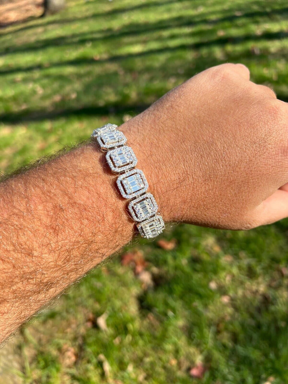 HarlemBling 25ct Baguette MOISSANITE Real 925 Silver 15mm Square Bracelet Pass Diamond Test