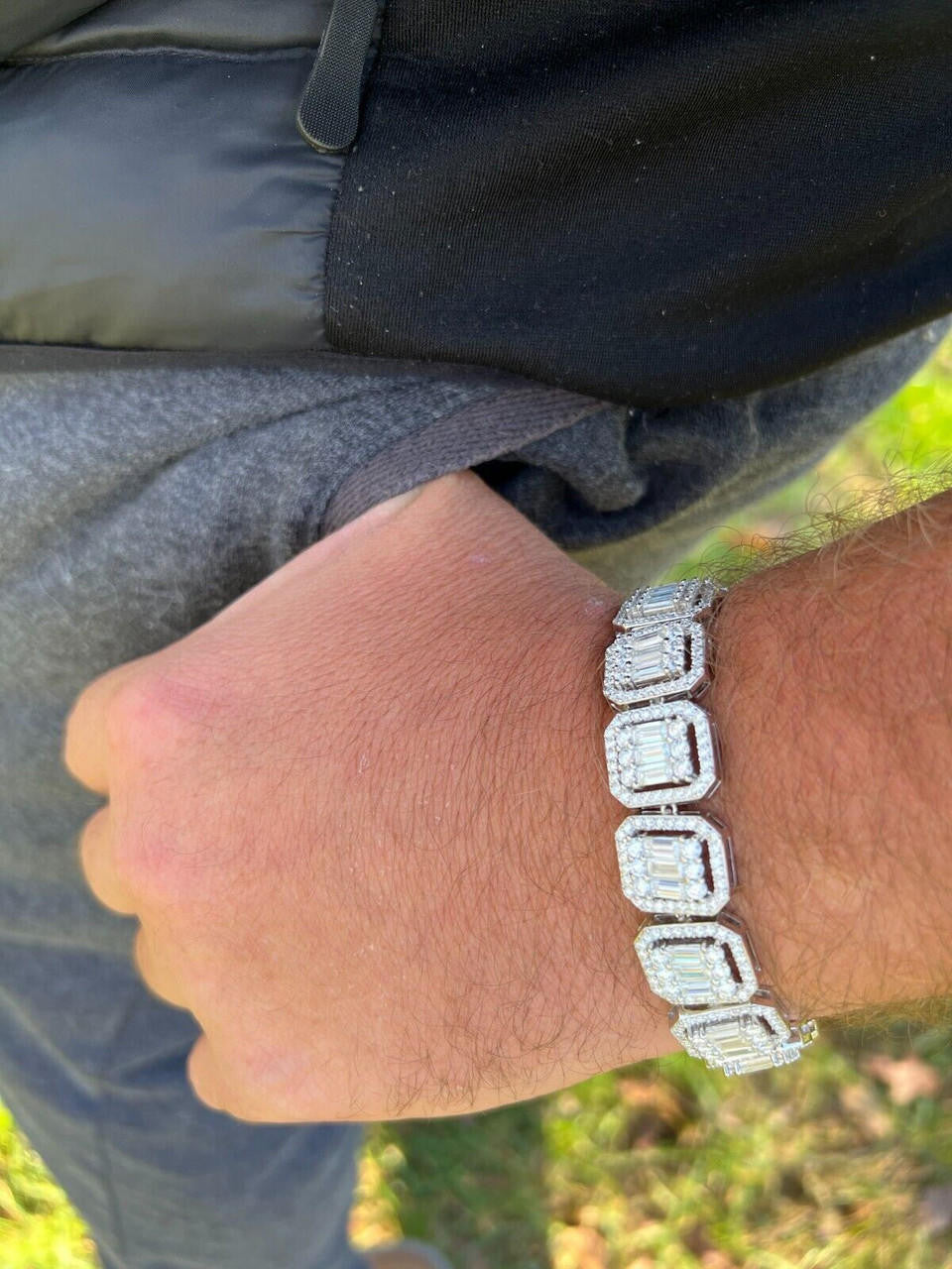 HarlemBling 25ct Baguette MOISSANITE Real 925 Silver 15mm Square Bracelet Pass Diamond Test