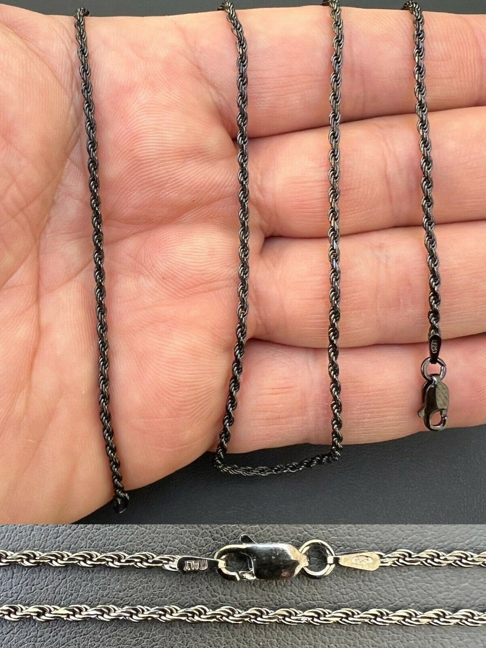 HarlemBling 2mm Rope Chain Necklace Oxidized Black Rhodium Real 925 Sterling Silver 16-30