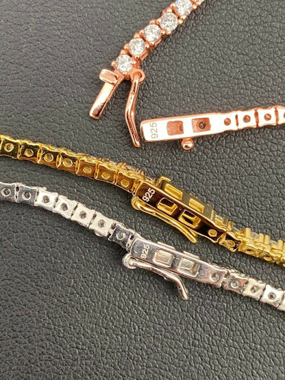 HarlemBling 2mm SOLID 925 Sterling Silver Micro Tennis Chain Real Iced Diamond Necklace Gold