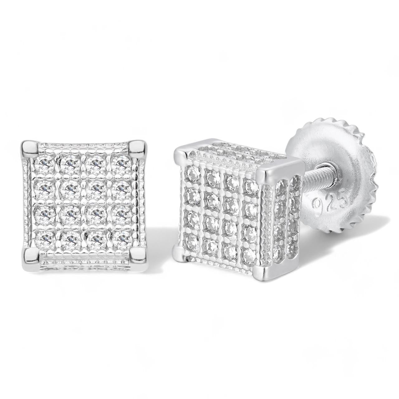 HarlemBling 3D Cube Rapper Earrings - 925 Silver - CZ Stones - 6mm