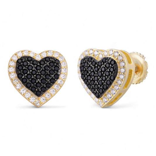 HarlemBling 3D Heart Classic Iced Out Earrings - 14k Gold Vermeil 925 Silver - Black CZ Stones - 10.5mm