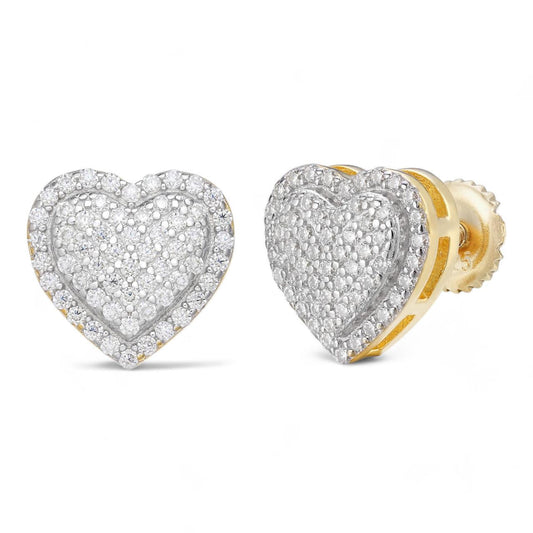 HarlemBling 3D Heart Classic Iced Out Earrings - 14k Gold Vermeil 925 Silver - CZ Stones - 10.5mm