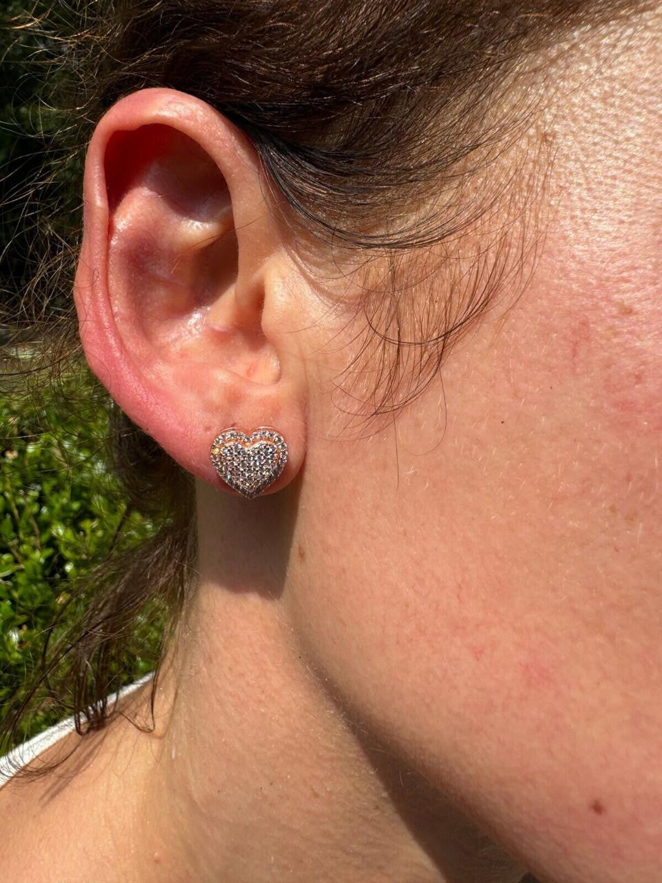 HarlemBling 3D Heart Classic Iced Out Earrings - 14k Rose Gold Vermeil 925 Silver - CZ Stones - 10.5mm