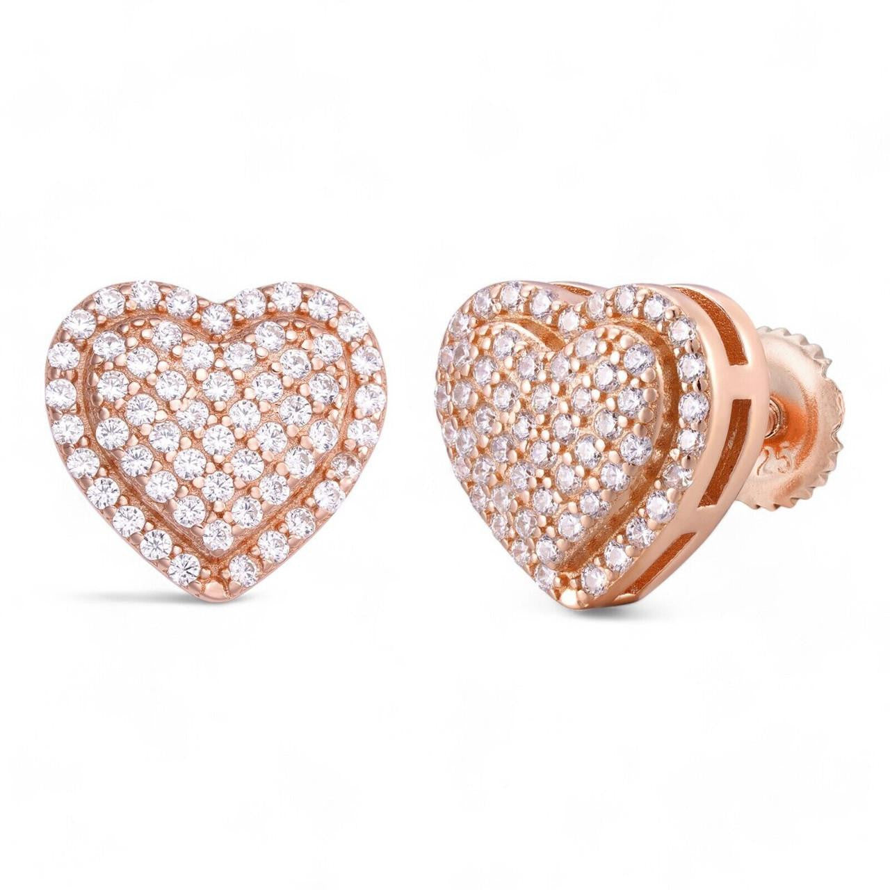 HarlemBling 3D Heart Classic Iced Out Earrings - 14k Rose Gold Vermeil 925 Silver - CZ Stones - 10.5mm