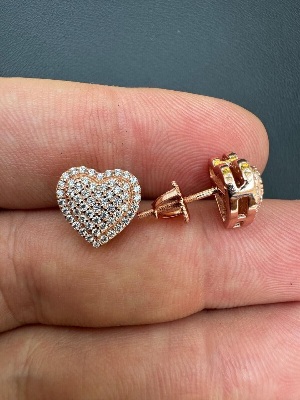 HarlemBling 3D Heart Classic Iced Out Earrings - 14k Rose Gold Vermeil 925 Silver - CZ Stones - 10.5mm