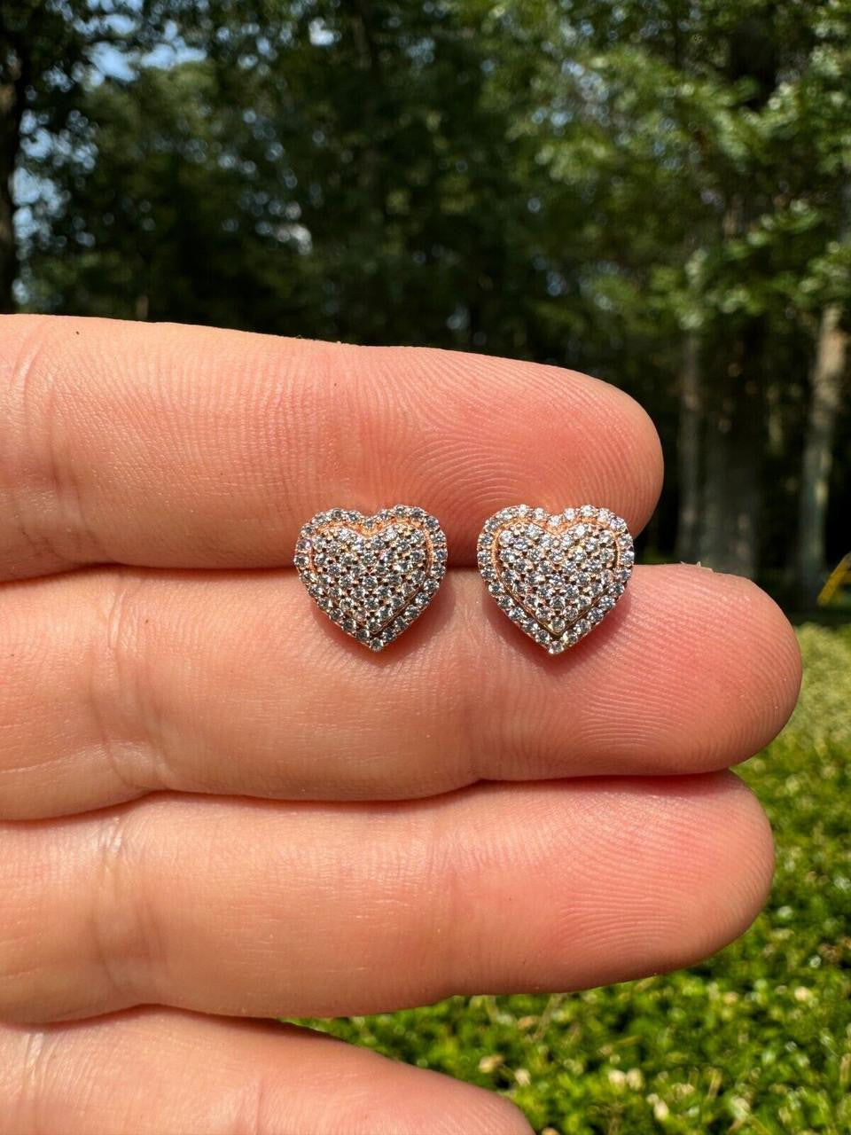 HarlemBling 3D Heart Classic Iced Out Earrings - 14k Rose Gold Vermeil 925 Silver - CZ Stones - 10.5mm