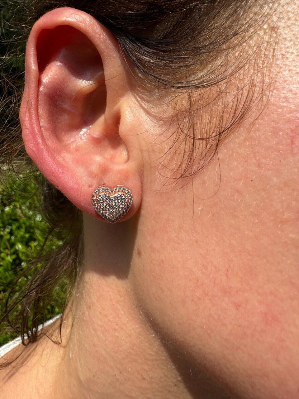 HarlemBling 3D Heart Classic Iced Out Earrings - 14k Rose Gold Vermeil 925 Silver - CZ Stones - 10.5mm