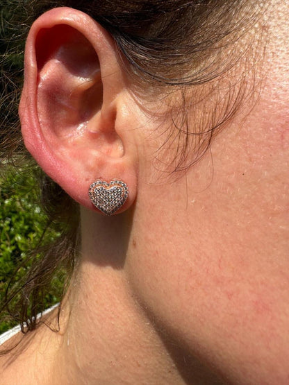 HarlemBling 3D Heart Classic Iced Out Earrings - 14k Rose Gold Vermeil 925 Silver - CZ Stones - 10.5mm