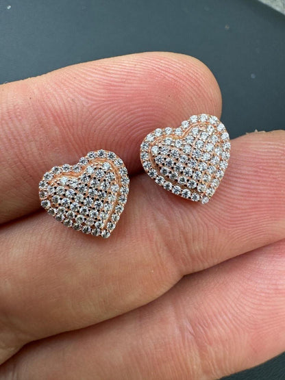 HarlemBling 3D Heart Classic Iced Out Earrings - 14k Rose Gold Vermeil 925 Silver - CZ Stones - 10.5mm