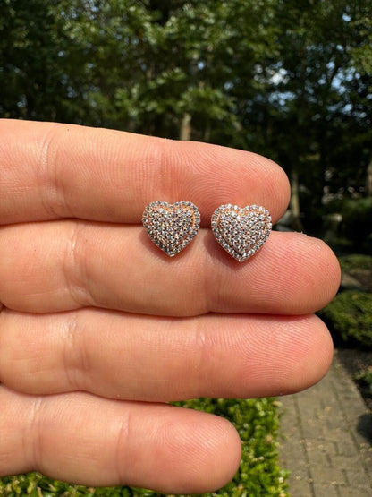 HarlemBling 3D Heart Classic Iced Out Earrings - 14k Rose Gold Vermeil 925 Silver - CZ Stones - 10.5mm