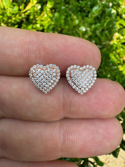HarlemBling 3D Heart Classic Iced Out Earrings - 14k Rose Gold Vermeil 925 Silver - CZ Stones - 10.5mm