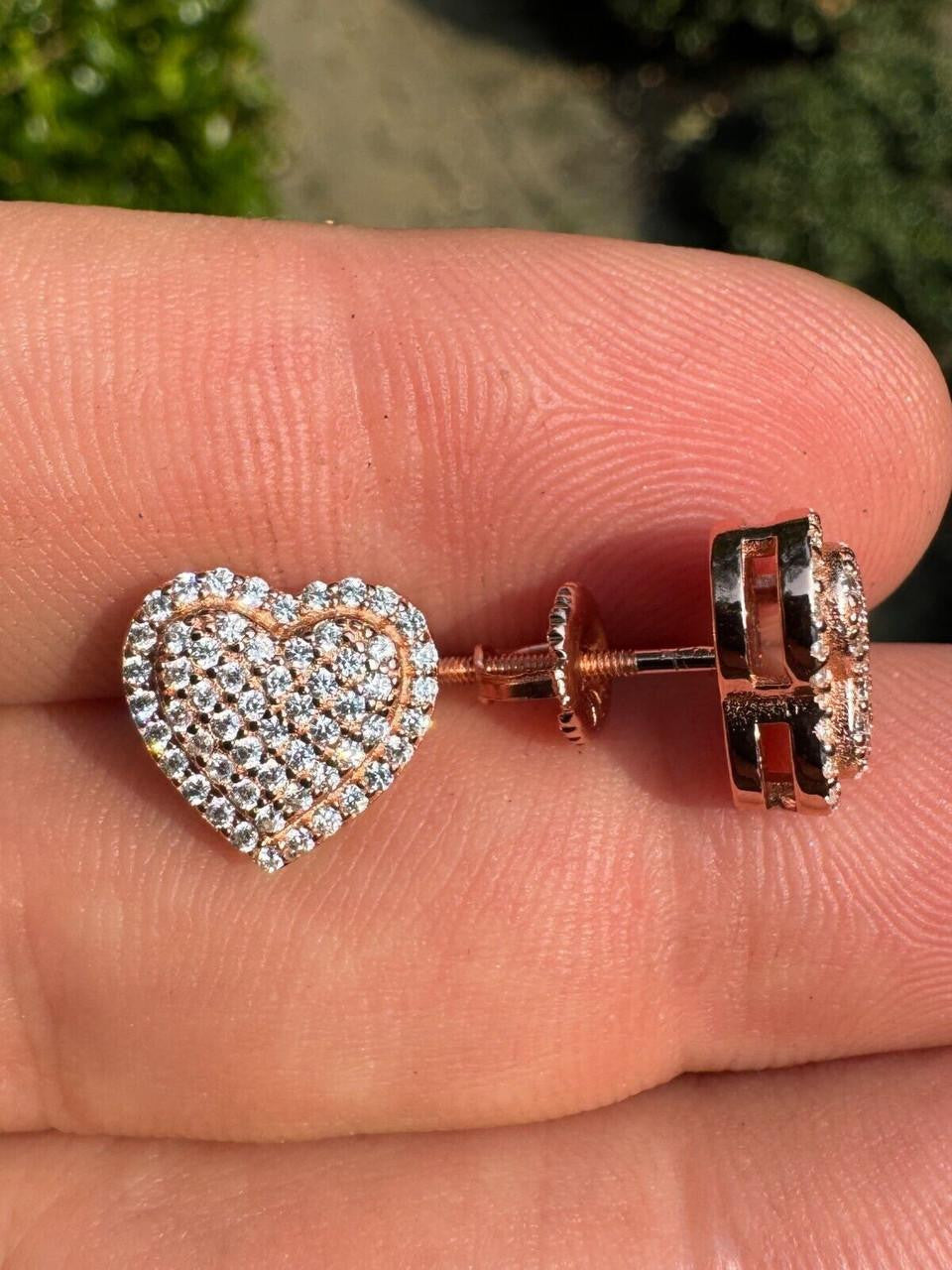 HarlemBling 3D Heart Classic Iced Out Earrings - 14k Rose Gold Vermeil 925 Silver - CZ Stones - 10.5mm