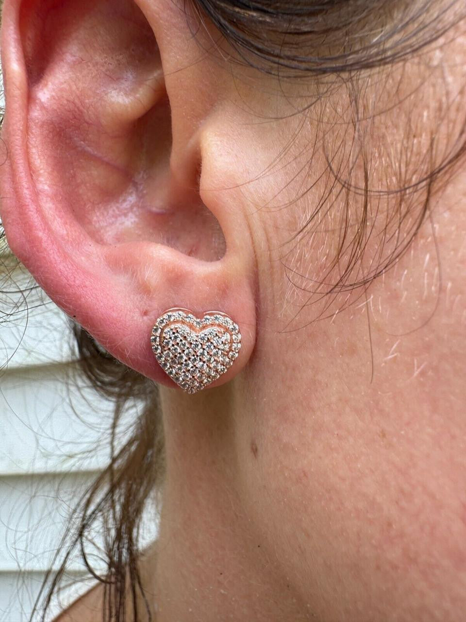 HarlemBling 3D Heart Classic Iced Out Earrings - 14k Rose Gold Vermeil 925 Silver - CZ Stones - 10.5mm