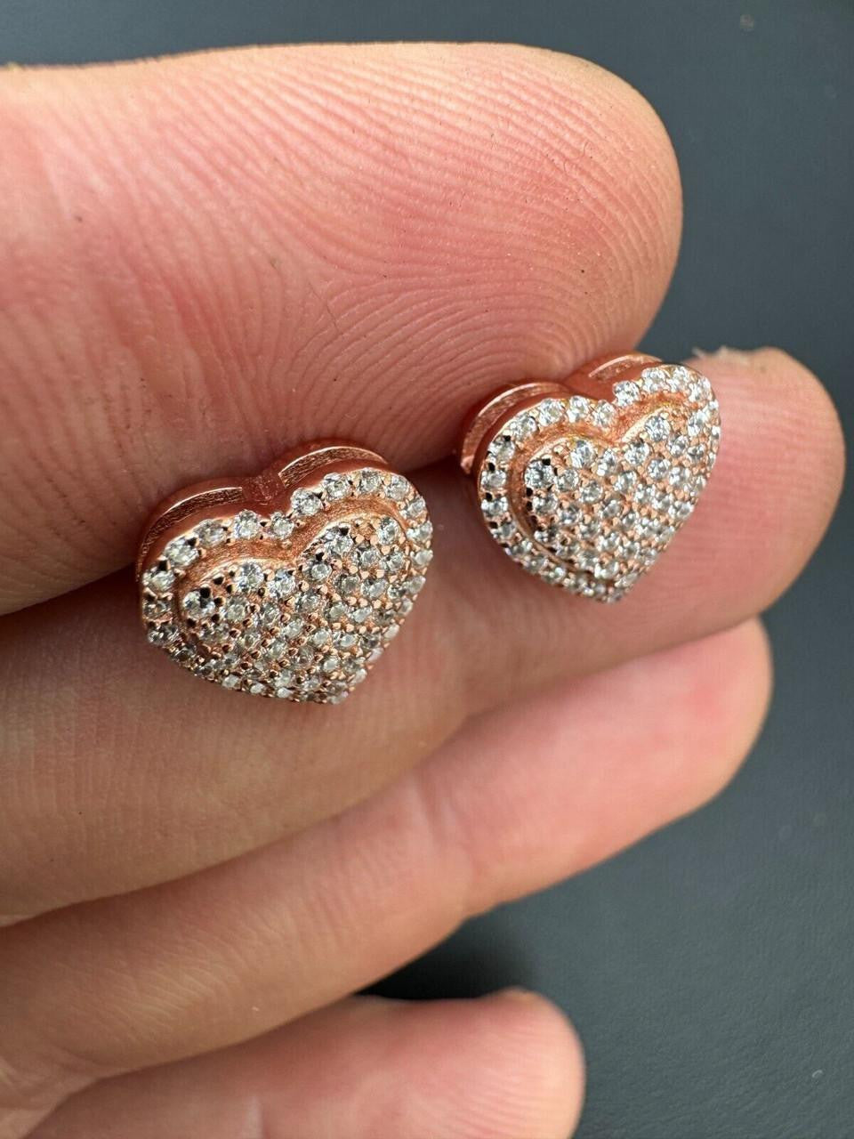 HarlemBling 3D Heart Classic Iced Out Earrings - 14k Rose Gold Vermeil 925 Silver - CZ Stones - 10.5mm