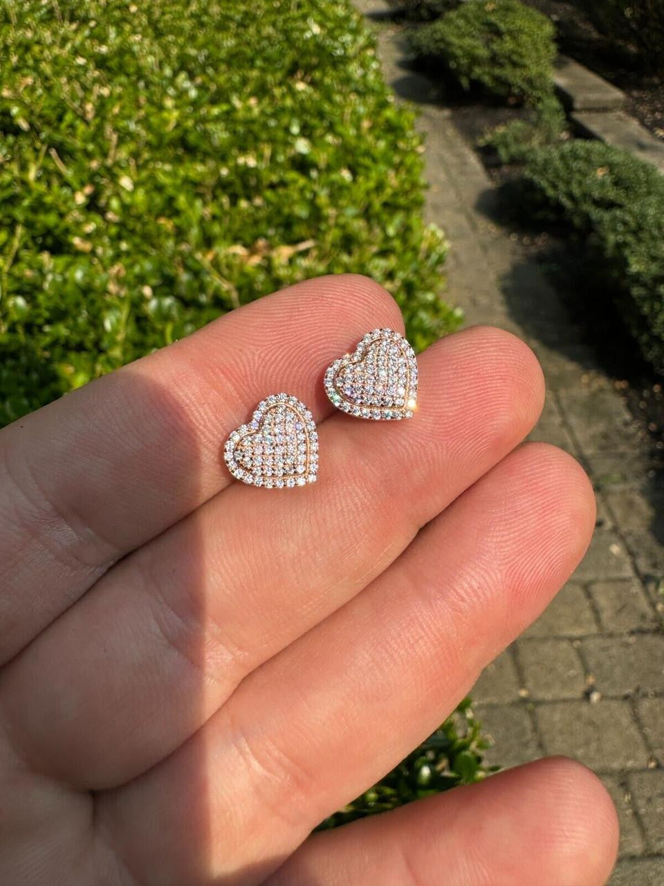 HarlemBling 3D Heart Classic Iced Out Earrings - 14k Rose Gold Vermeil 925 Silver - CZ Stones - 10.5mm