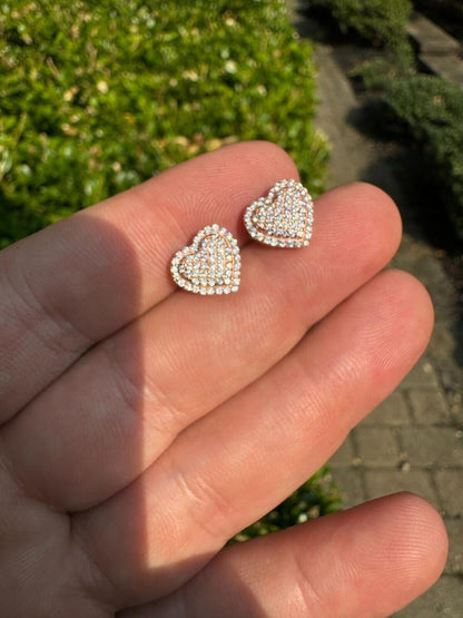HarlemBling 3D Heart Classic Iced Out Earrings - 14k Rose Gold Vermeil 925 Silver - CZ Stones - 10.5mm
